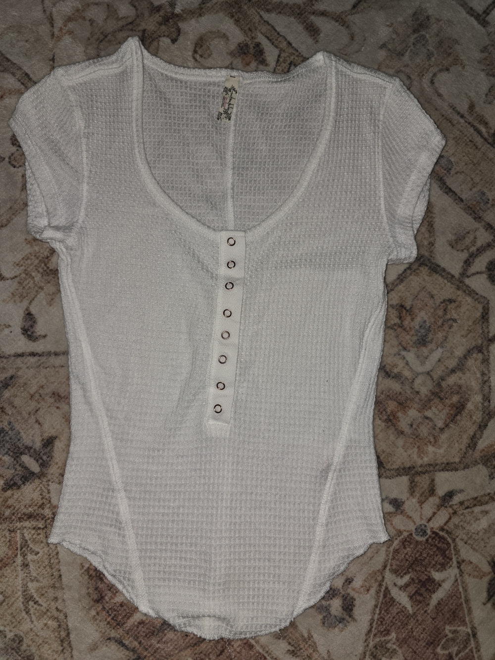 Free People White Waffle Knit Short-Sleeve Henley
